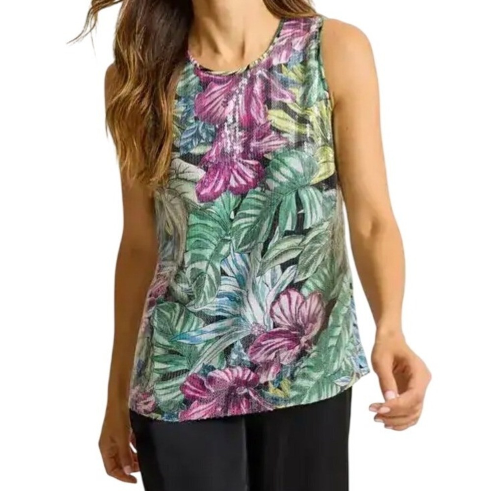 Tommy Bahama Jungle Jewels Floral Sequin Tank Top Green Purple Size M Medium